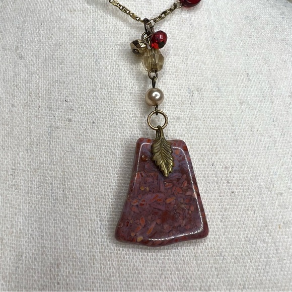 Handmade vintage and new pieces mixed up-cycled necklace with real stone pendant - Picture 6 of 13